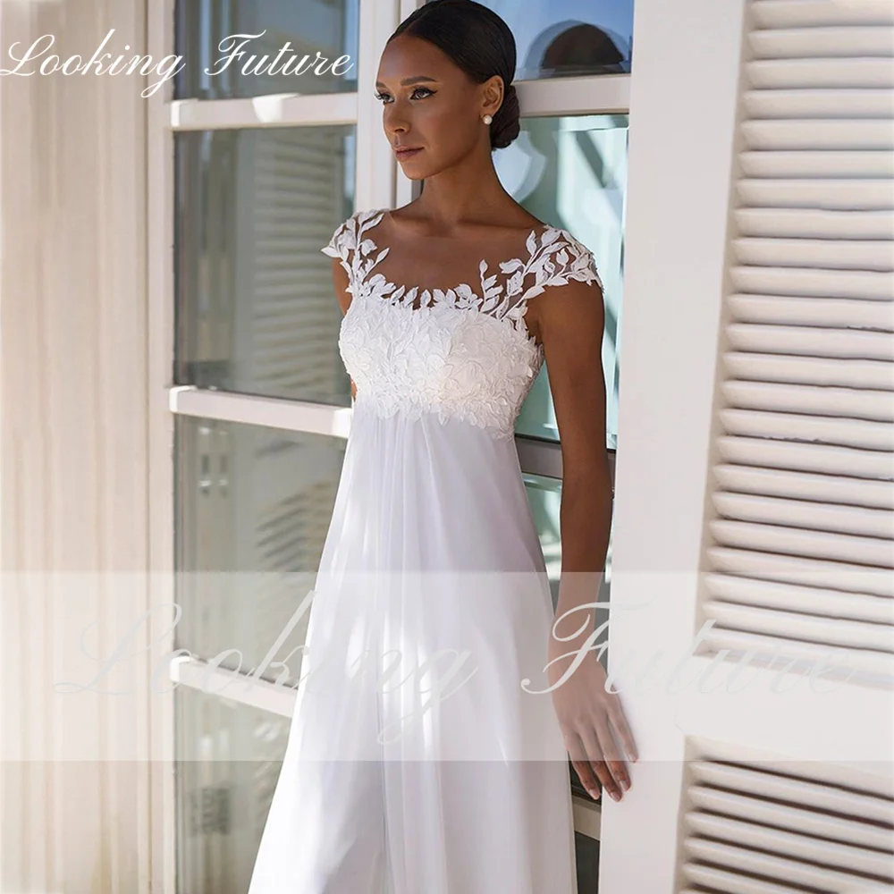 Grávida Chiffon Vestidos De Casamento Para As Mulheres Lace Appplique Império Vestidos De Noiva Praia A linha Simples Vestido de Novia Sweep Train