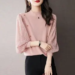 Splicing Small Fragrant Style Knitted Sweater Women's Autumn Winter New Half High Neck Base Sweater Short Lantern Sleeve Top