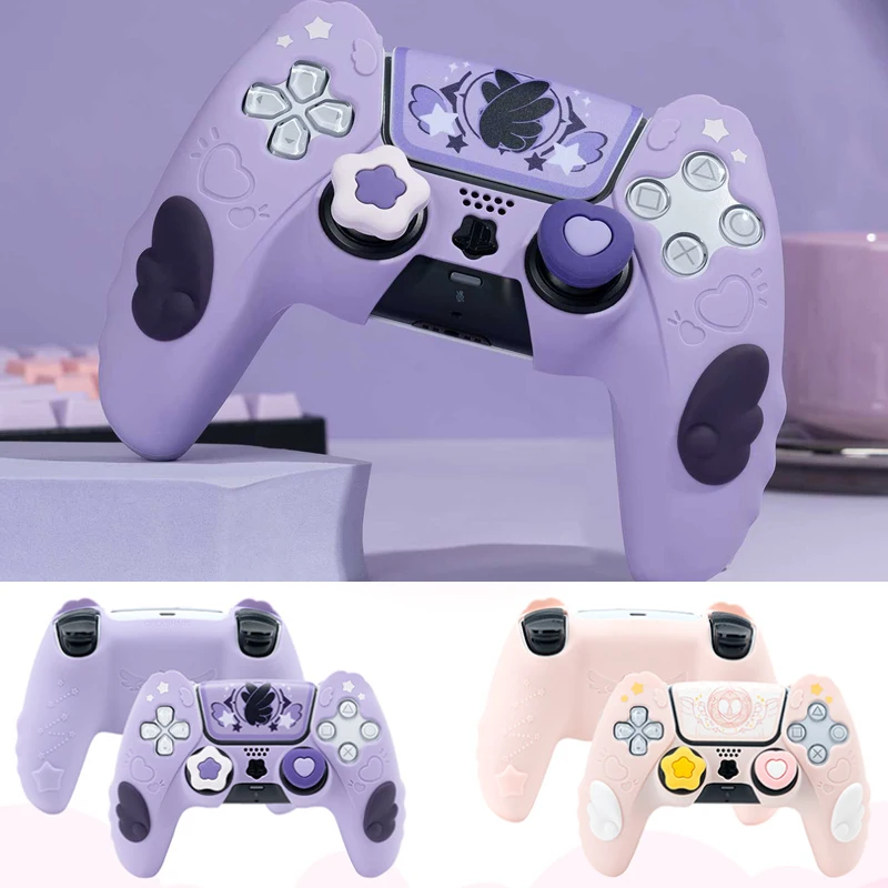 Cute Star Wings Silicone Skin Cover Gamepad Sticker Soft Case For Sony Dualsense 5 PS5 Controller Thumb Stick Grip Cap Protector