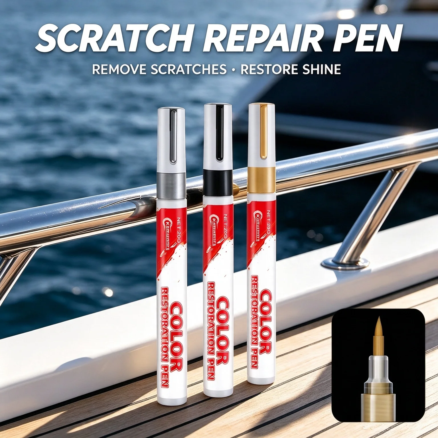 New Multi-surface Boat Scratch Repair Pen with Golden, Black, and White Color Options. Suitable for Repairing Scratches on Boats