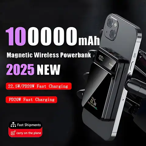 Mini 100000mAh Powerbank Strong Magnetic Wireless 22.5W Ultra Capacity Super Fast Charging Powerbank For Iphone16 Samsung Xiaomi