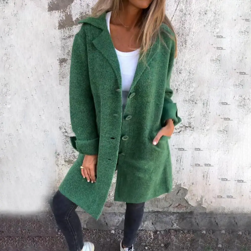 

Women Solid Color Jacket Elegant Women's Woolen Coat with Lapel Pockets for Office or Casual Wear Slim Fit Long for Autumn