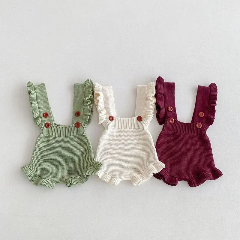 MILANCEL New Autumn Girls Overall Baby Cute 3 Colors Knitted Shoulder Strap Bodysuit Infant Sweet Rompers