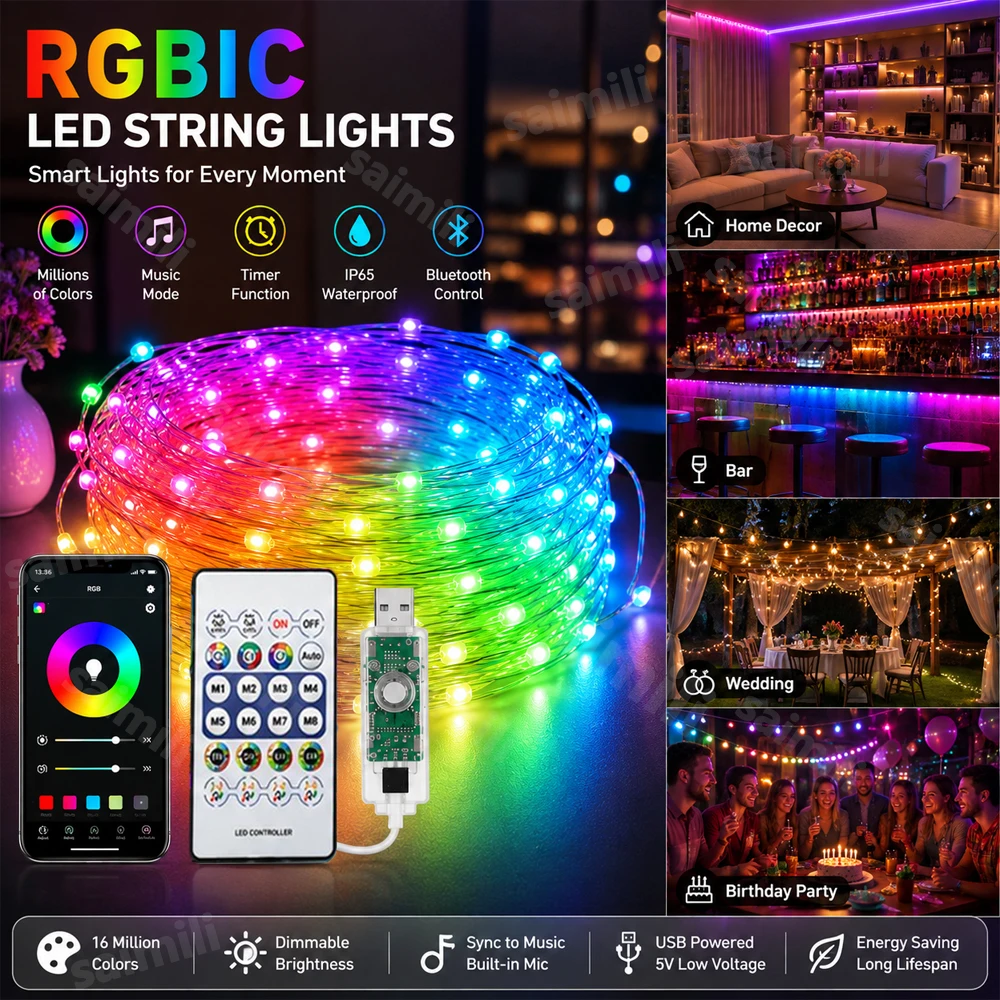 Addressable RGBIC LED String Lights WS2812B USB Powered Bluetooth APP Music Sync For Christmas Tree Home Holiday Party Decor