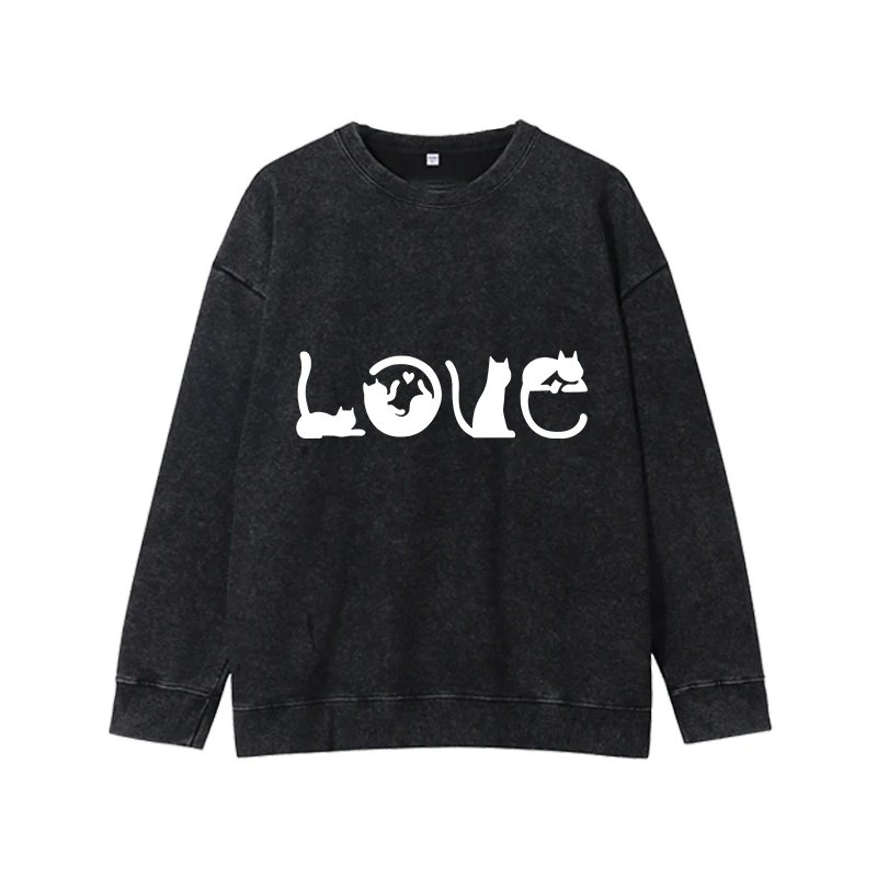 LOVE Cat Claw Pattern Women's Long Sleeve Round Neck Women's Street Retro Loose Street Sportswear