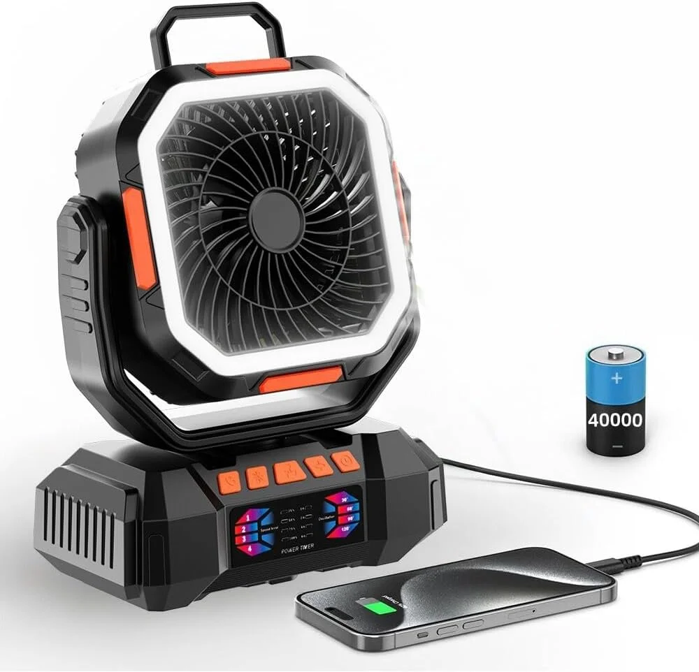 

40000mAh Portable Camping Fan with Remote Control and LED Light 4 Speeds of Strong Wind and 3 Colors