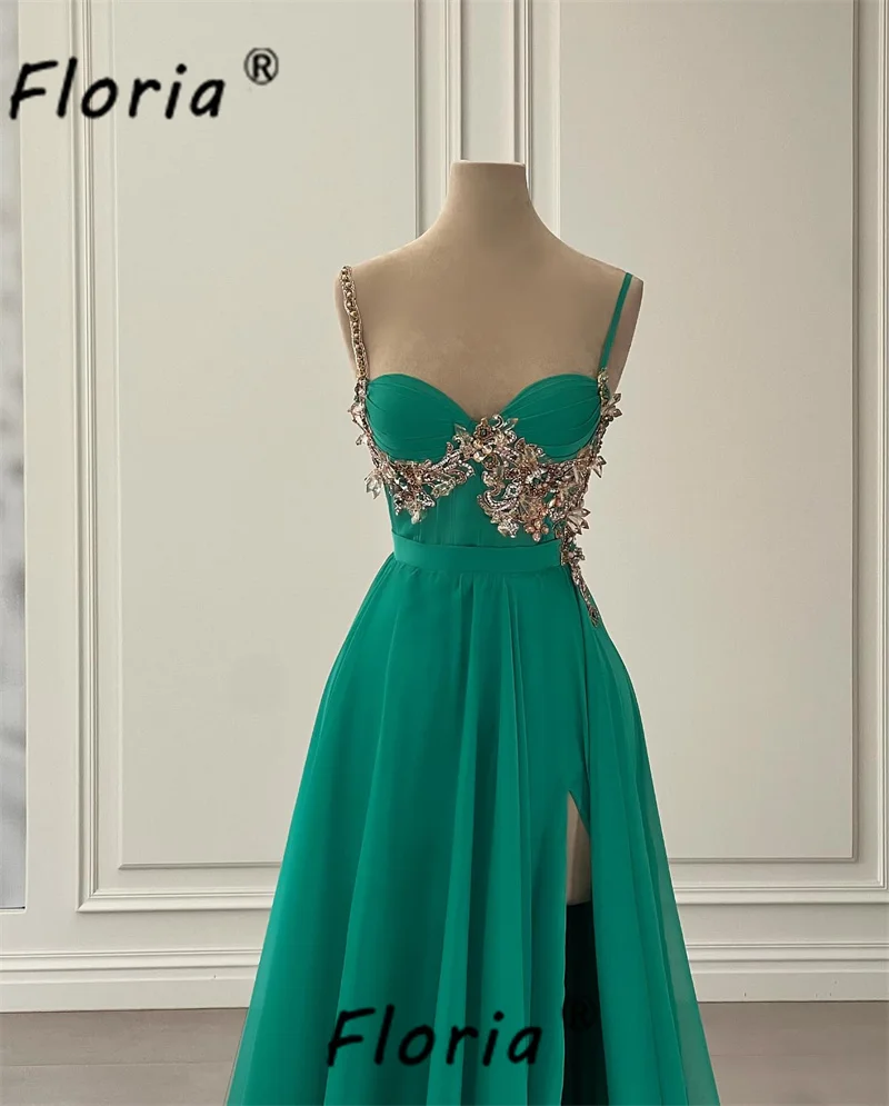 Spaghetti Strap Green Evening Dress Beaded A Line Slit Chiffon Prom Party Gowns Maxi Dress Custom Made Robe de soiree 2024