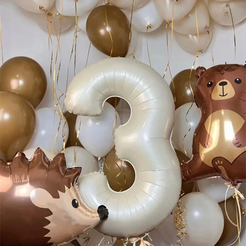 21pcs 32inch Cream Number Bear Hedgehog Animal Foil Balloons Birthday Party Decorations Kids Girl Boy 1 2 3 4 5 6 7 8 9 Year Old