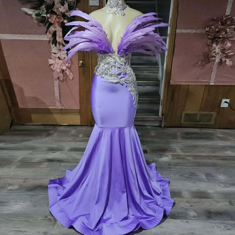 

Sexy Purple Prom Dresses 2025 Feathers Mermaid Party Gowns Sweetheart African Women Birthday Party Gowns Customized