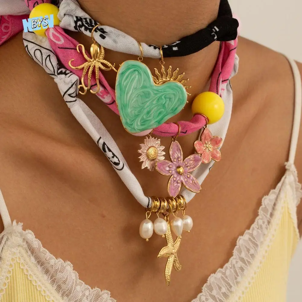 

Personality Flower Scarf Chain Necklace Beads Marine Organism Charms Nylon Rope Choker Ethnic Style Jewelry Accessories