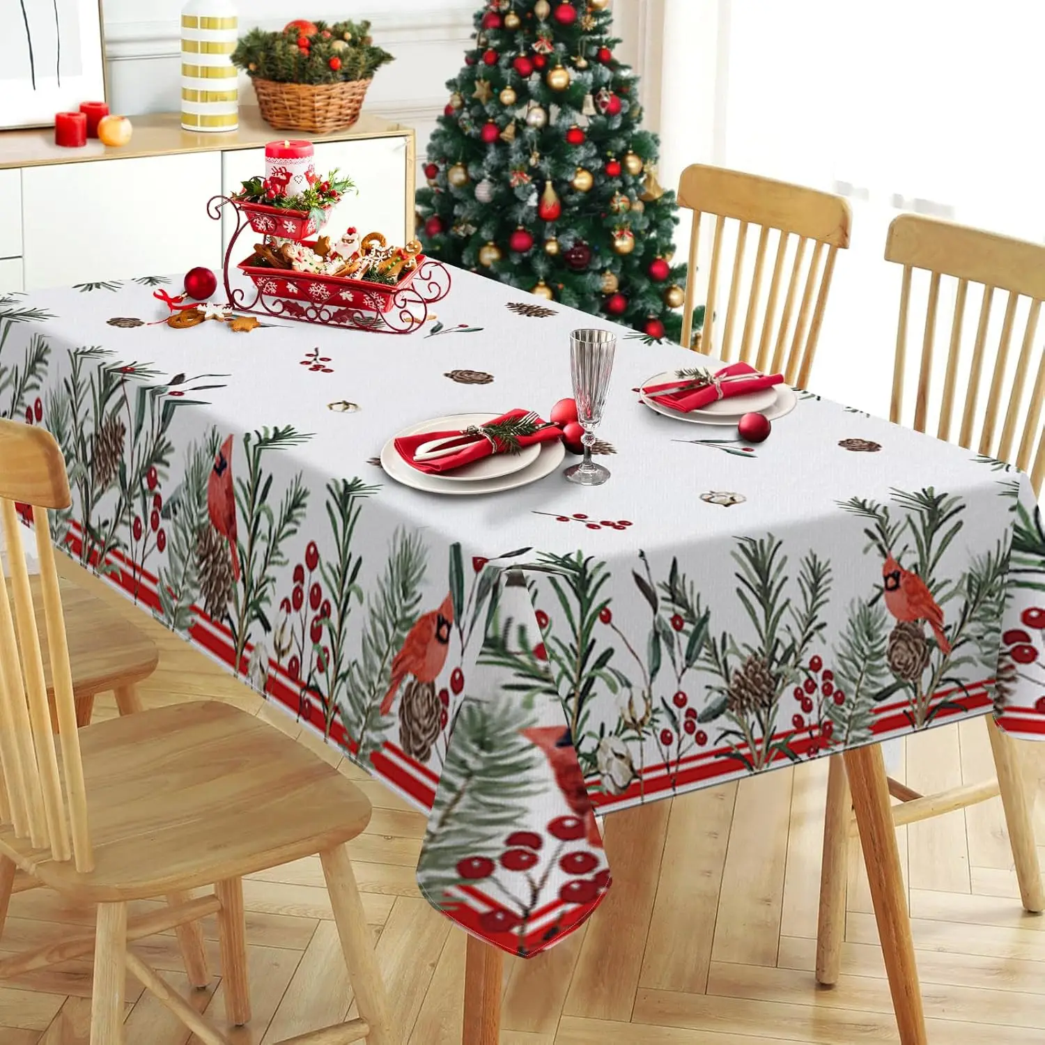 Christmas Cardinal Birds Pine Cone Needle Waterproof Tablecloth Table Decor Winter Xmas Dining Tablecloth Christmas Decorations