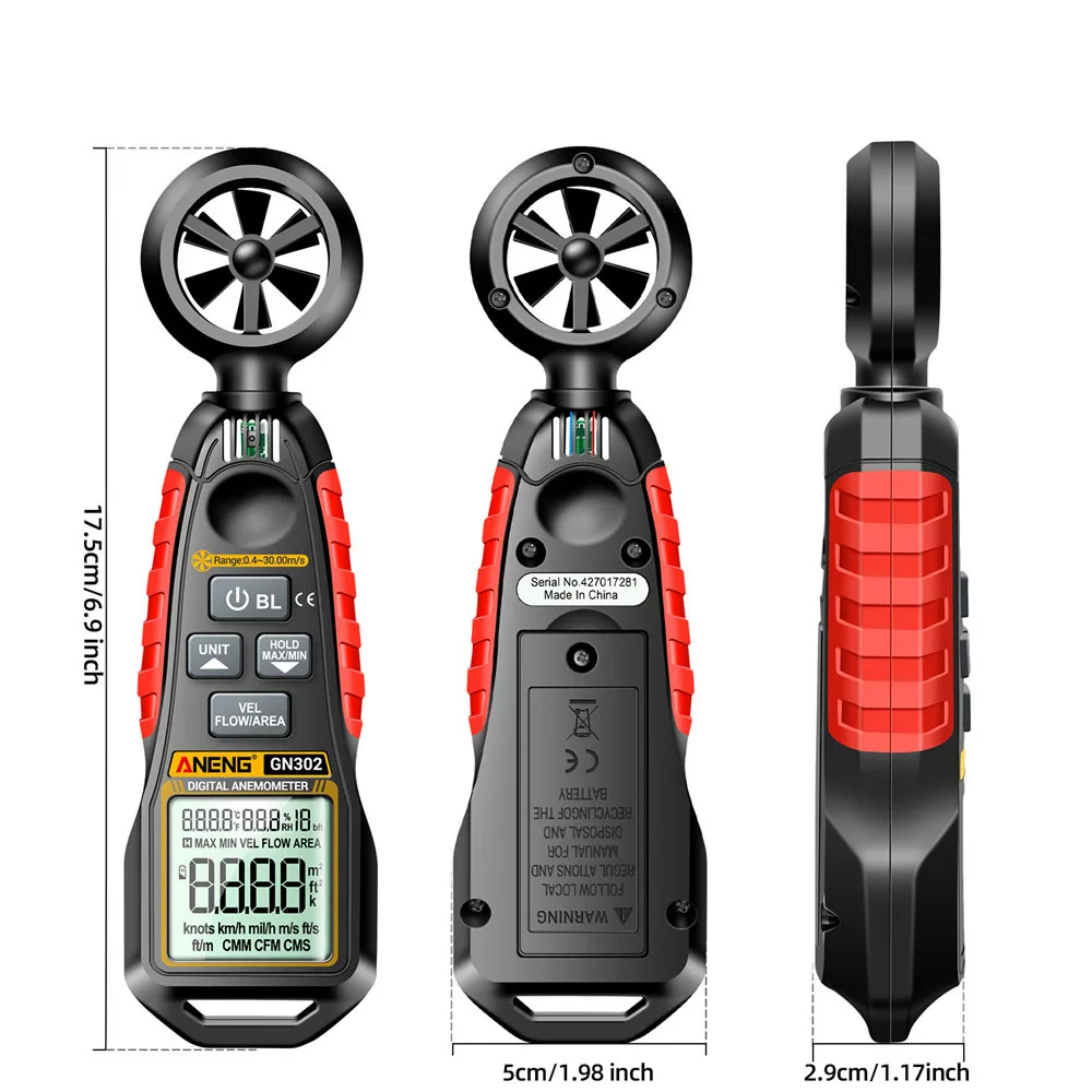 Digital Anemometer Handheld Wind Speed Meter GN302 for Measuring Wind Speed Temperature and Wind Chill with Backlight LCD