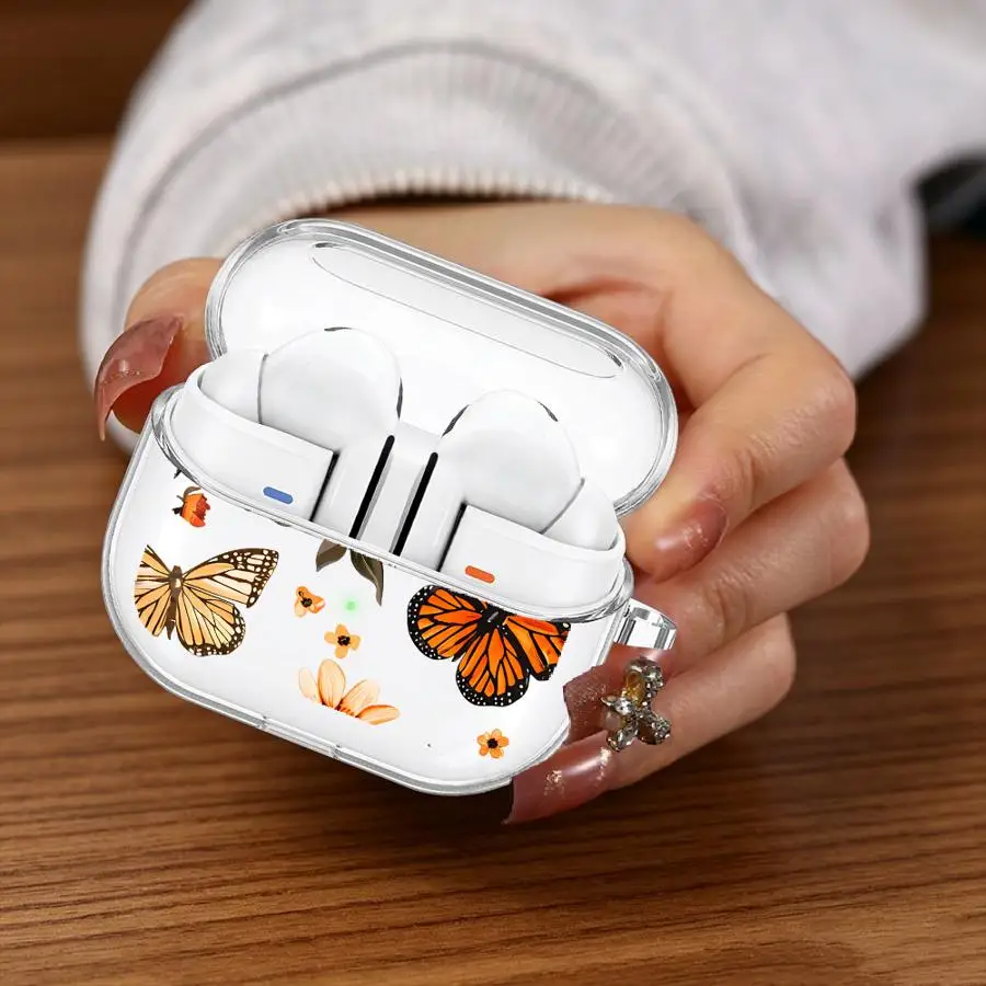 Case For Samsung Galaxy Buds 3Pro 4 Pro 3 FE 2 2Pro Live 4Pro Clear Earphone Cases Cover With Hook Dragonfly Butterfly Flower