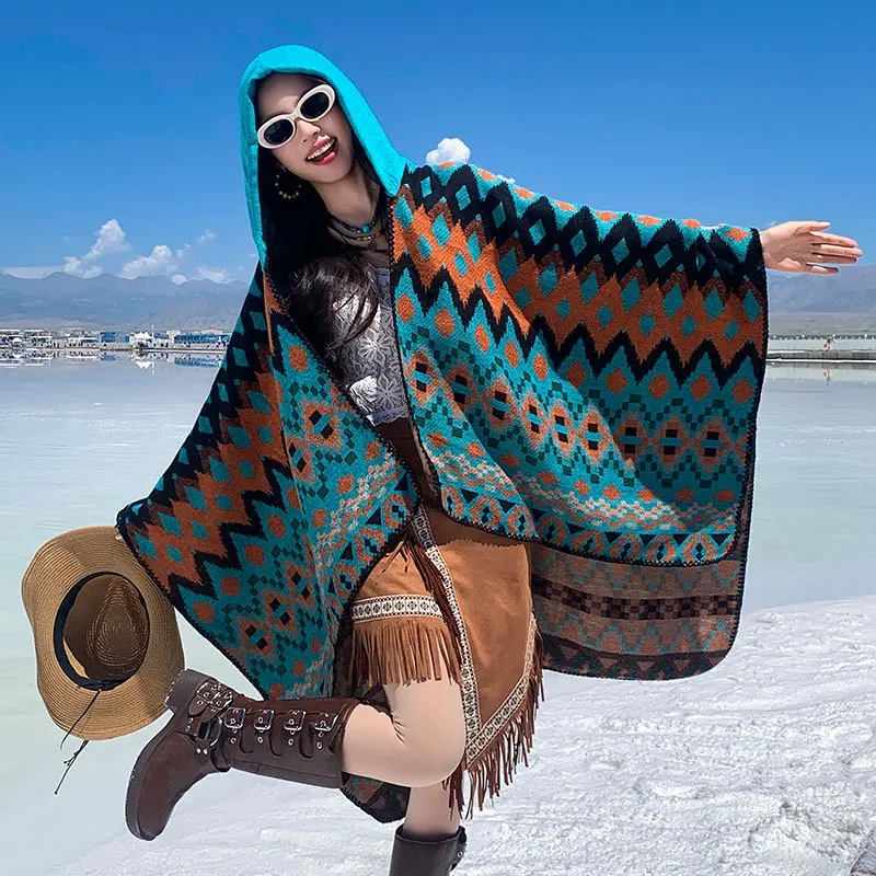 

Шаль с капюшоном, женский этнический стиль, теплый плащ с капюшоном для путешествий на открытом воздухе, кашемировые пончо, осенне-зимний новый шарф, накидки