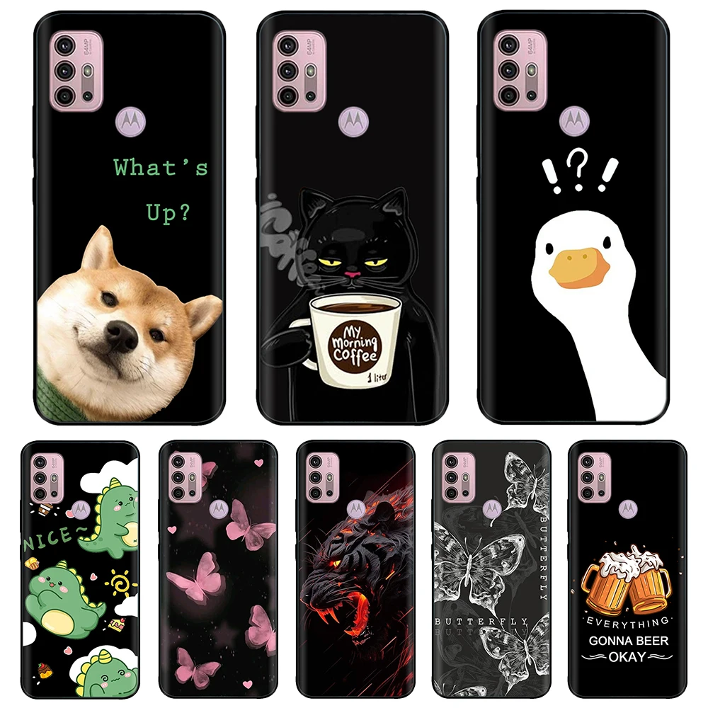 Para Motorola Moto G20 Funda XT2128-1 XT2128-2 Funda de teléfono de silicona negra con flores de dibujos animados para Moto G10 G30 G20 G60 Funda protectora