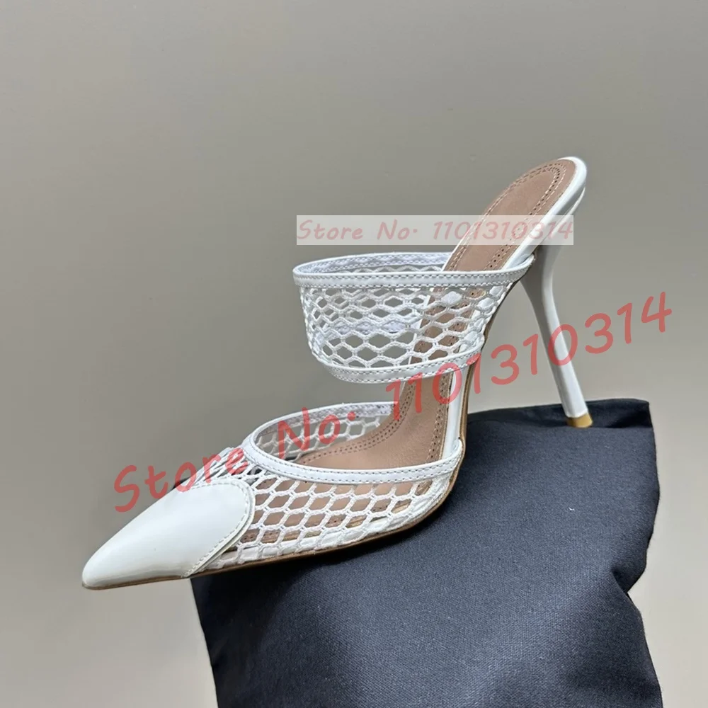 Sexy Mesh Pointed Toe Mules Women Luxury Cutout Heart Decal Shoes Ladies Trending Splicing High Heels Front Strap Slippers