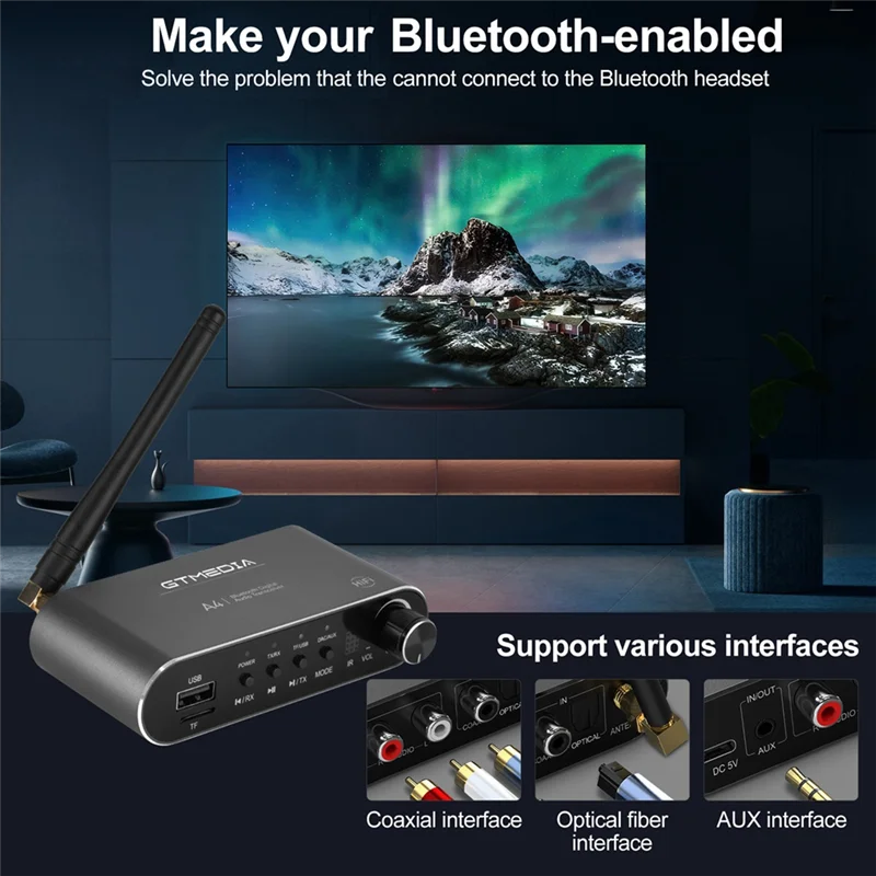 A47F-GTMEDIA A4 بلوتوث 5.1 محول صوت لاسلكي مع RCA، مقبس 3.5 مم، فك تشفير SBC/AAC للتلفزيون والسيارة