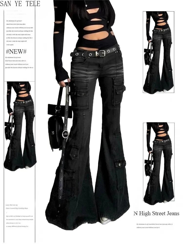 Retro Multi Pocket Y2K Flared Pants Women's Black Low Waisted Denim Cargo Jeans Gothic Stretch Slim Spicy Girl Workwear Trousers