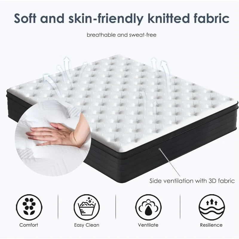 Queen Mattress 12 Inch Hybrid Mattress with Gel Memory Foam, Individual Pocket Spring Bed Mattress, Medium Firm Mattress Queen