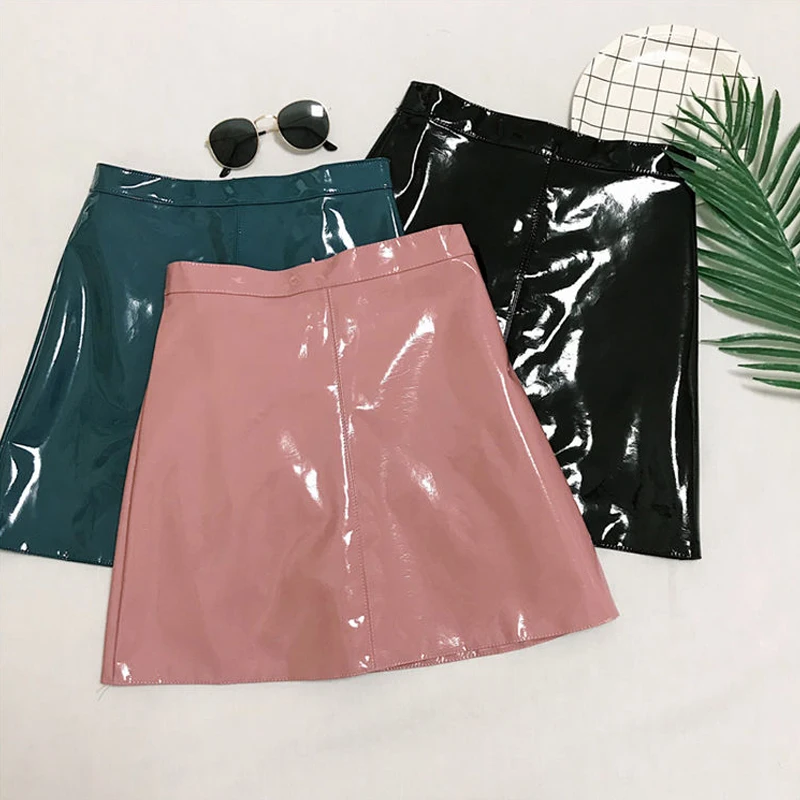 Women PU Short Skirt Pink Black Harajuku Casual Sexy High Waist Bright Leather A-Line Mini Skirts Elegant Office Lady Wear