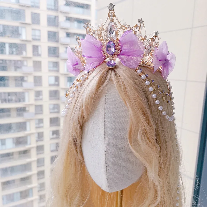 

New Purple Bowknot Crown Cosplay Tassel Tuinga Church Headdress Exaggerated Photography Hair Ornaments