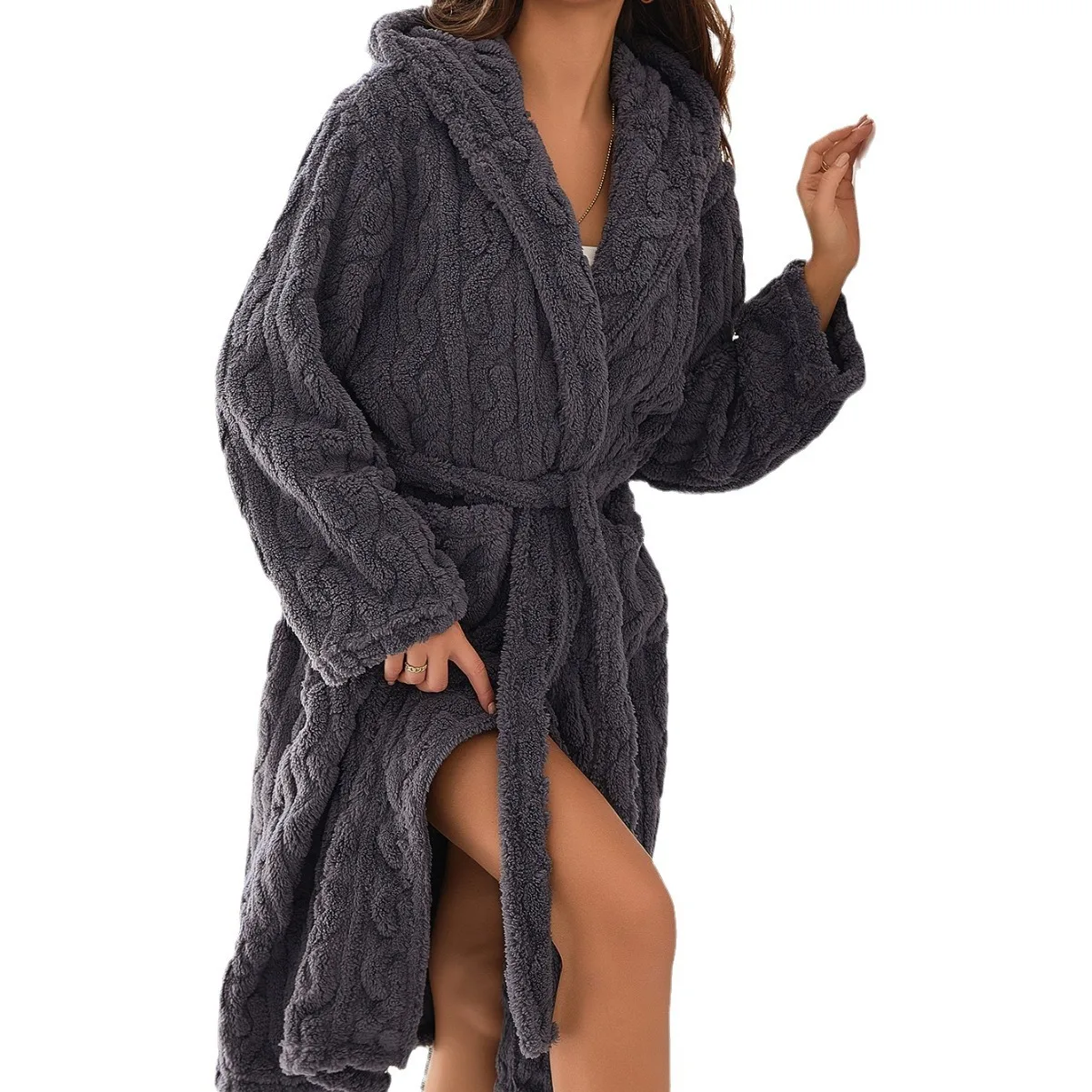 Pink Flannel Female Long Robe Lounge Wear Thicken Coral Fleece Hooded Bathrobe Gown Autumn Winter Loose Sleepwear Home Dress