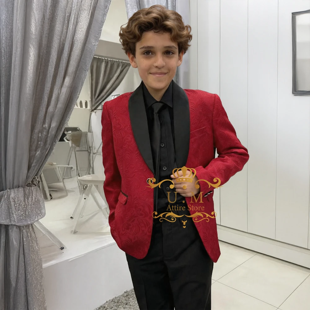

Stylish Boys' Suit Red Jacquard Jacket and Black Trousers Custom 2pcs Set for Wedding Pageboy Prom Party Tuxedo for Children