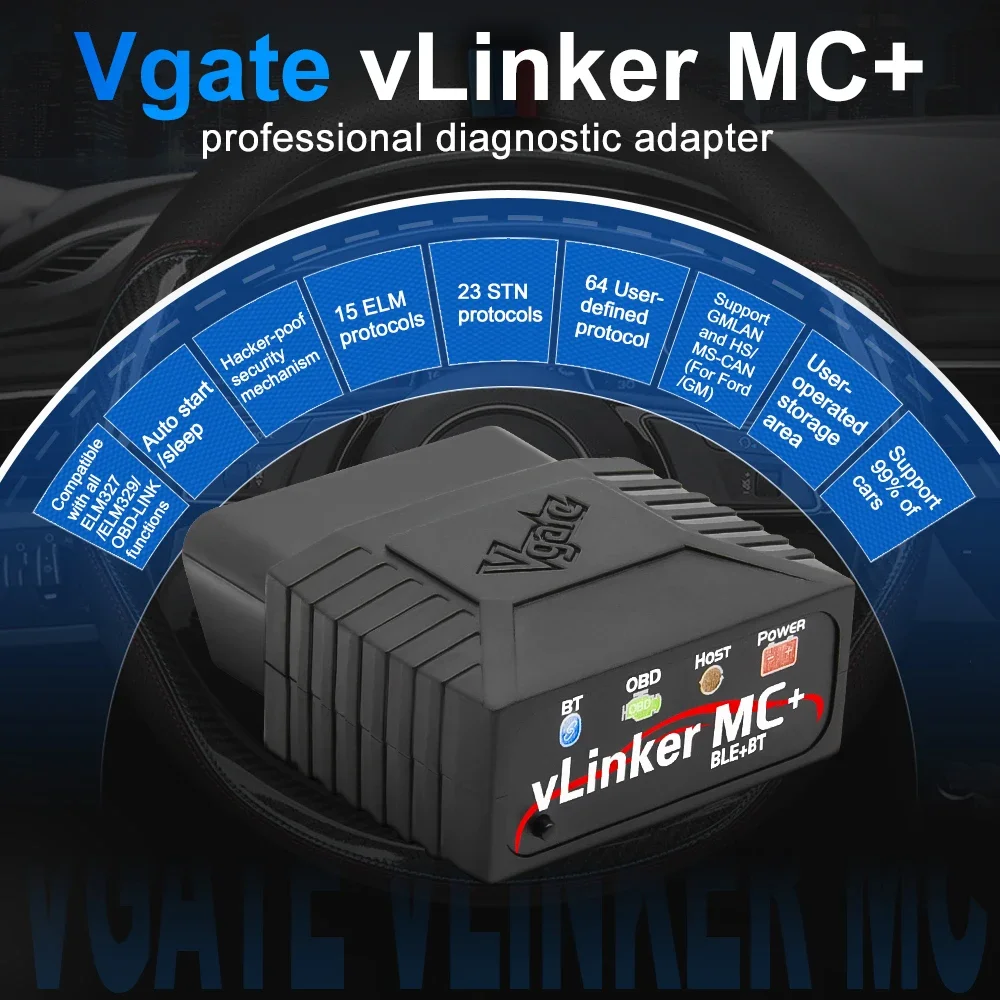 Escaner Automotriz Vgate VLinker MC+ Blue-tooth 4.0 ELM327 OBD2 Automotive Car Diagnostic Tool Scanner support Android iOS