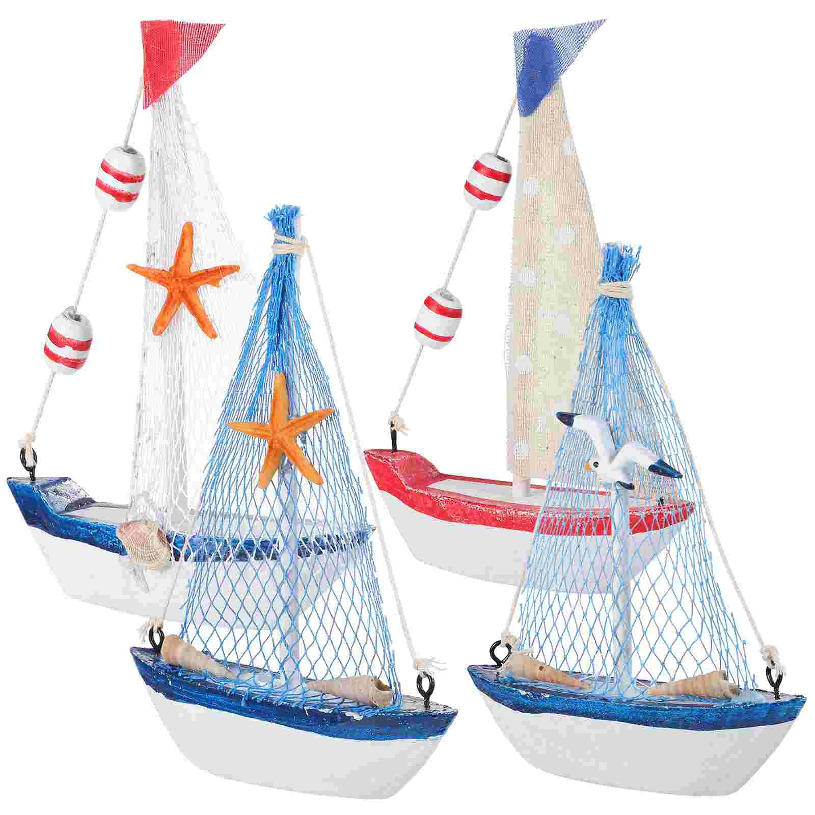 4 Pcs Wooden Canvas Boat Bathroom Decor Mini Dining Table Nautical Ornament Pine Sailboat