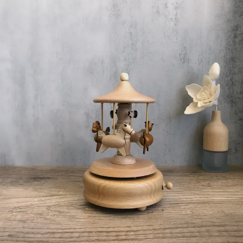Carousel Music Box Wooden Ornaments Birthday Present Creative Gifts Handcrafted Wooden Music Box