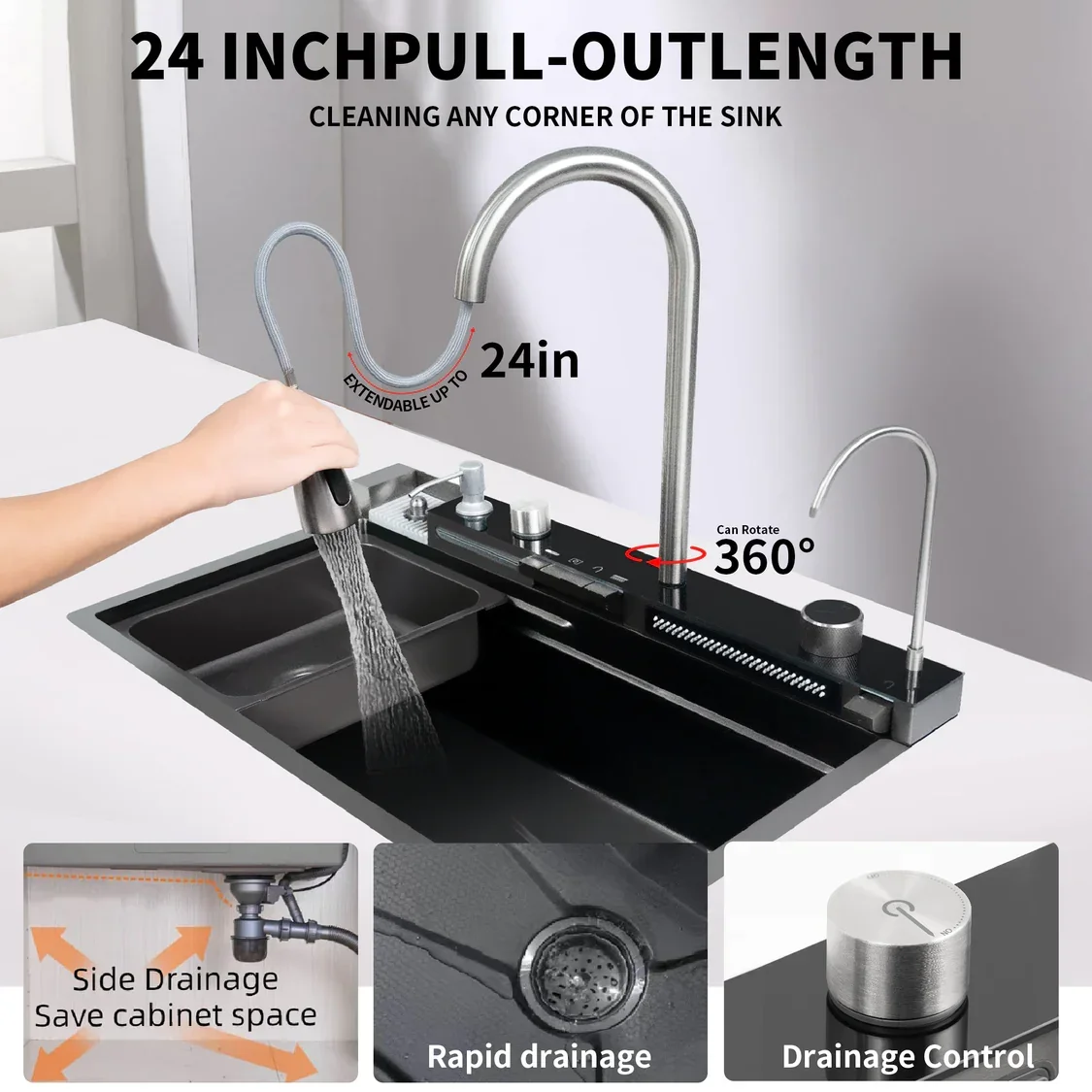 Kinnls Waterfall LED Smart Kitchen Sink 304 Stainless Steel Sink Real-time Display of Water Temperature Pull-Down Kitchen Faucet