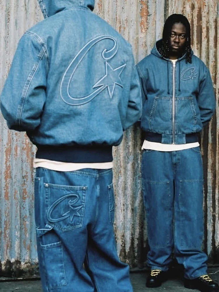 

Мужская джинсовая куртка свободного кроя в стиле ретро с молнией и капюшоном, с вышитым логотипом, утепленная, для осени и зимы, повседневная