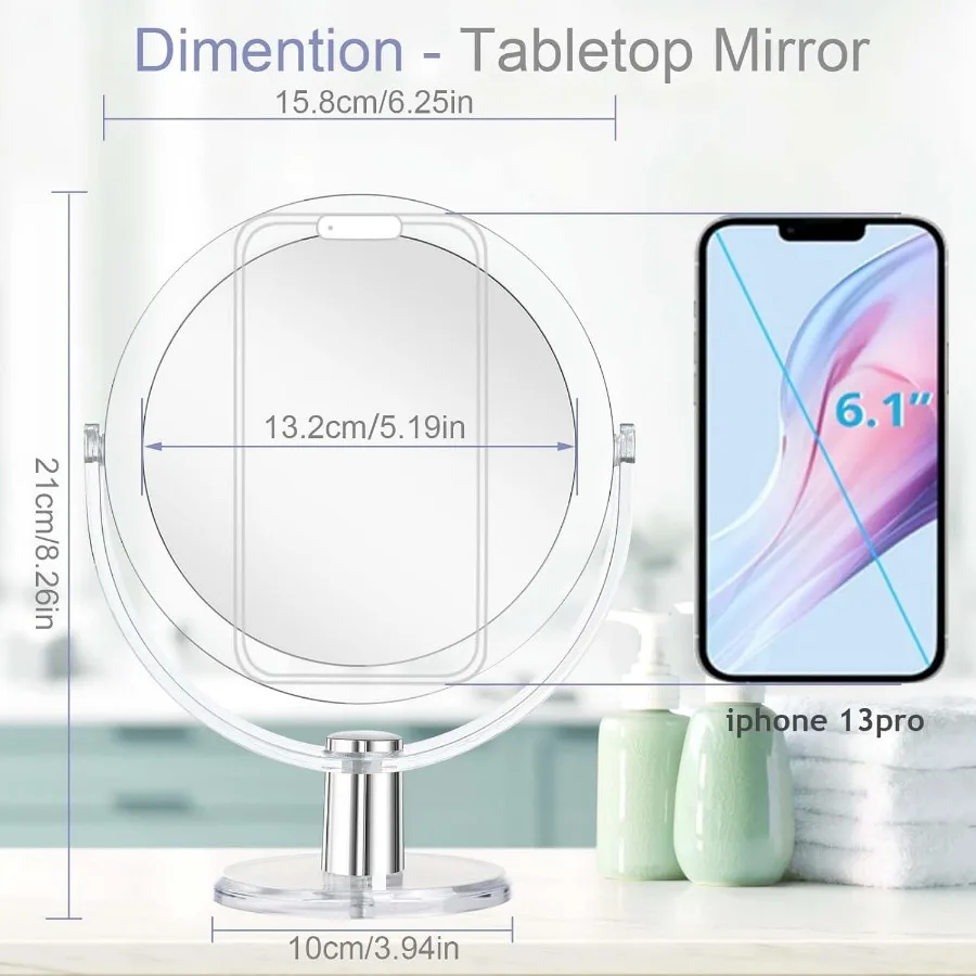 مرآة مكياج مكبرة دوارة 360 درجة مع حامل، 1X/15X مزدوجة الجوانب، مرآة مكتب محمولة مقاس 6.25 بوصة للنساء