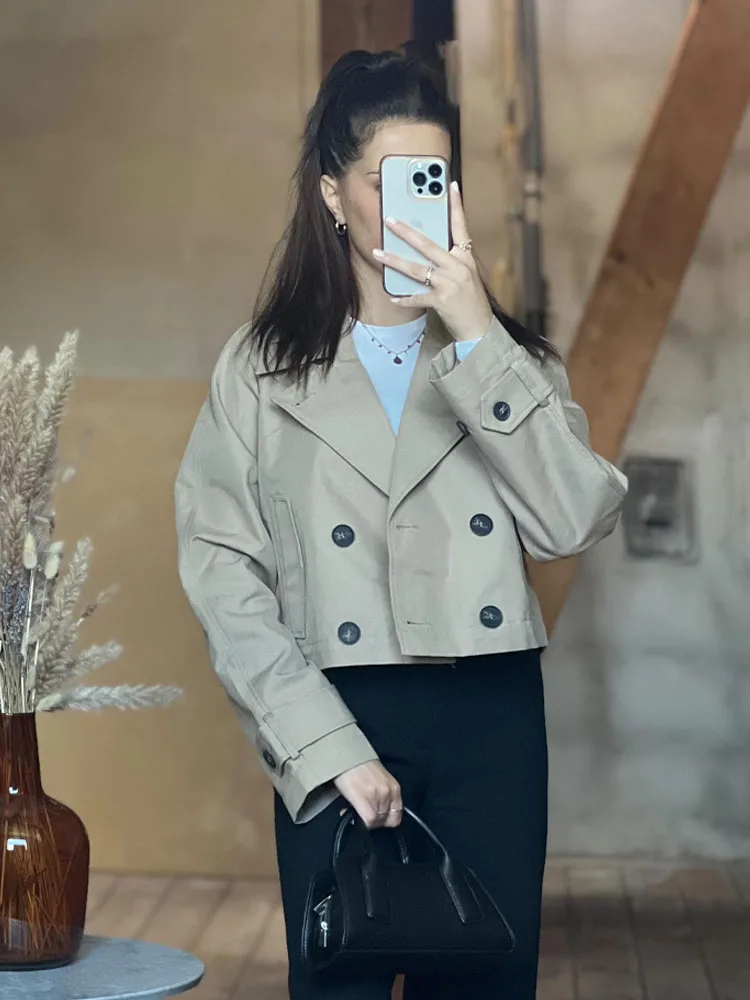 HH Trench corto moda donna Chic Solid doppio petto giacca a maniche lunghe donna cappotto slim design tascabile con risvolto vintage
