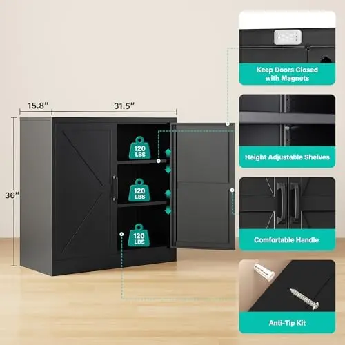 Black Storage Cabinet with Doors and Adjustable Shelves,36" Tall Farmhouse Food Pantry Cabinets,Small Sideboard image 3