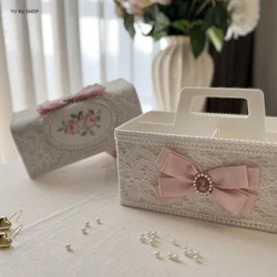 Lace Division Debris Storage Box Desktop Debris Storage Organization Portable Basket Pearl Bow Fabric Artist Home Tissue Box NEW