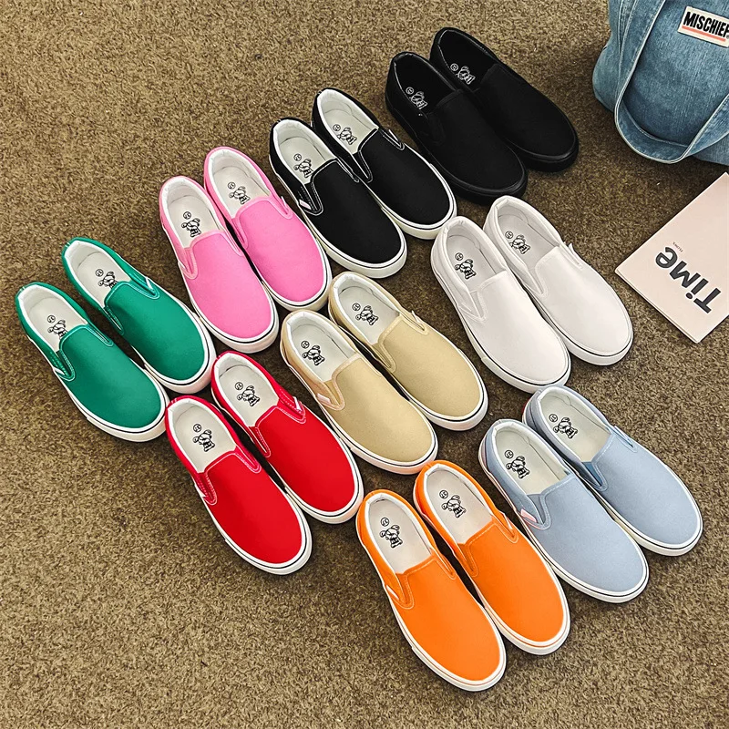 New Women Fresh Color Canvas Shoes Unisex Flat Sneakers School Students Black Shoe Loafers Summer Casual Footwear Pink Slip On