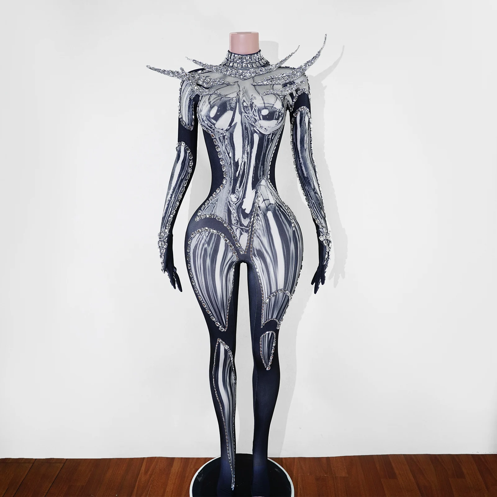 Showgirl Kristall-Strass-Jumpsuit für Damen mit Stachel-Schulterdesign, Skelett-Sci-Fi-Bühnenkostüm für Drag Queens