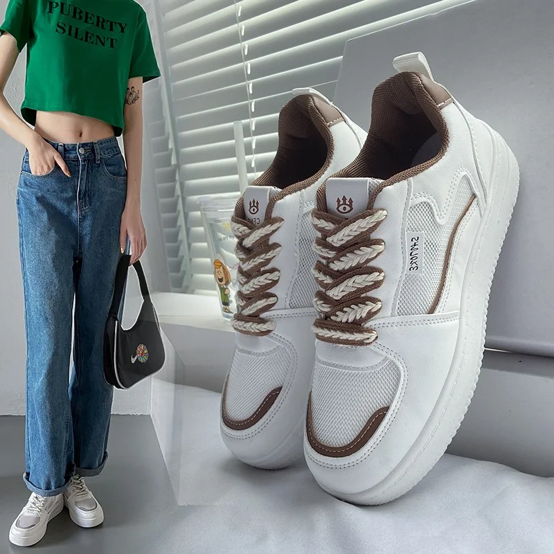 Sweet Women Shoes Fashion Women Chunky Sneakers Flats PU Lace up Mid Heels Round Toe Solid Platform Vulcanize Shoes Plus Size