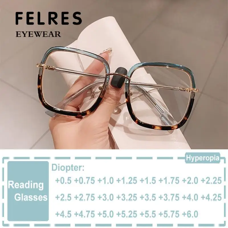 

Fashion Elegant Clear Green Leopard Blue Filter Eyeglasses Frame Women Overszied Square Reading Glasses Presbyopia Eyeglasses