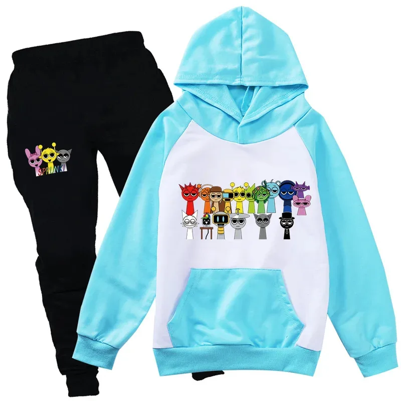 Sprunki conjuntos de roupas estampadas crianças terno de aniversário do bebê meninos meninas fatos de treino crianças marca ternos esportivos hoodies top + calças 2 peças conjunto