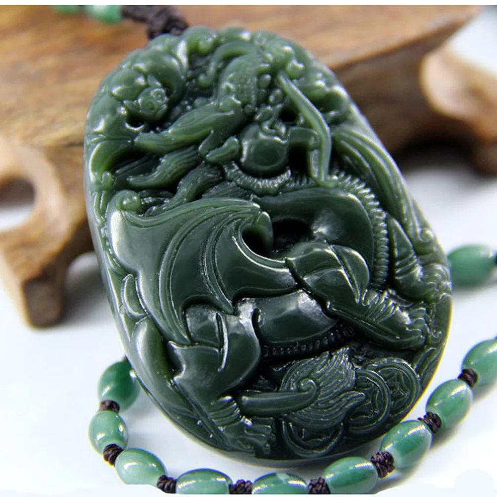 Real Natural Hetian Jade Hand-carved Green-jade Flying Fire Qilin Pendant Men Women Jade-Brand Necklace Chain Hewelry Jewelry