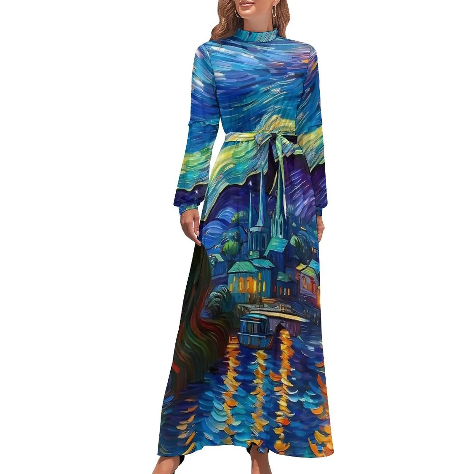 Van Gogh Inspired Starry Night Dress High Neck  Custom Boho Beach Dresses Long Sleeve Street Wear Long Maxi Dress Kawaii Vestido