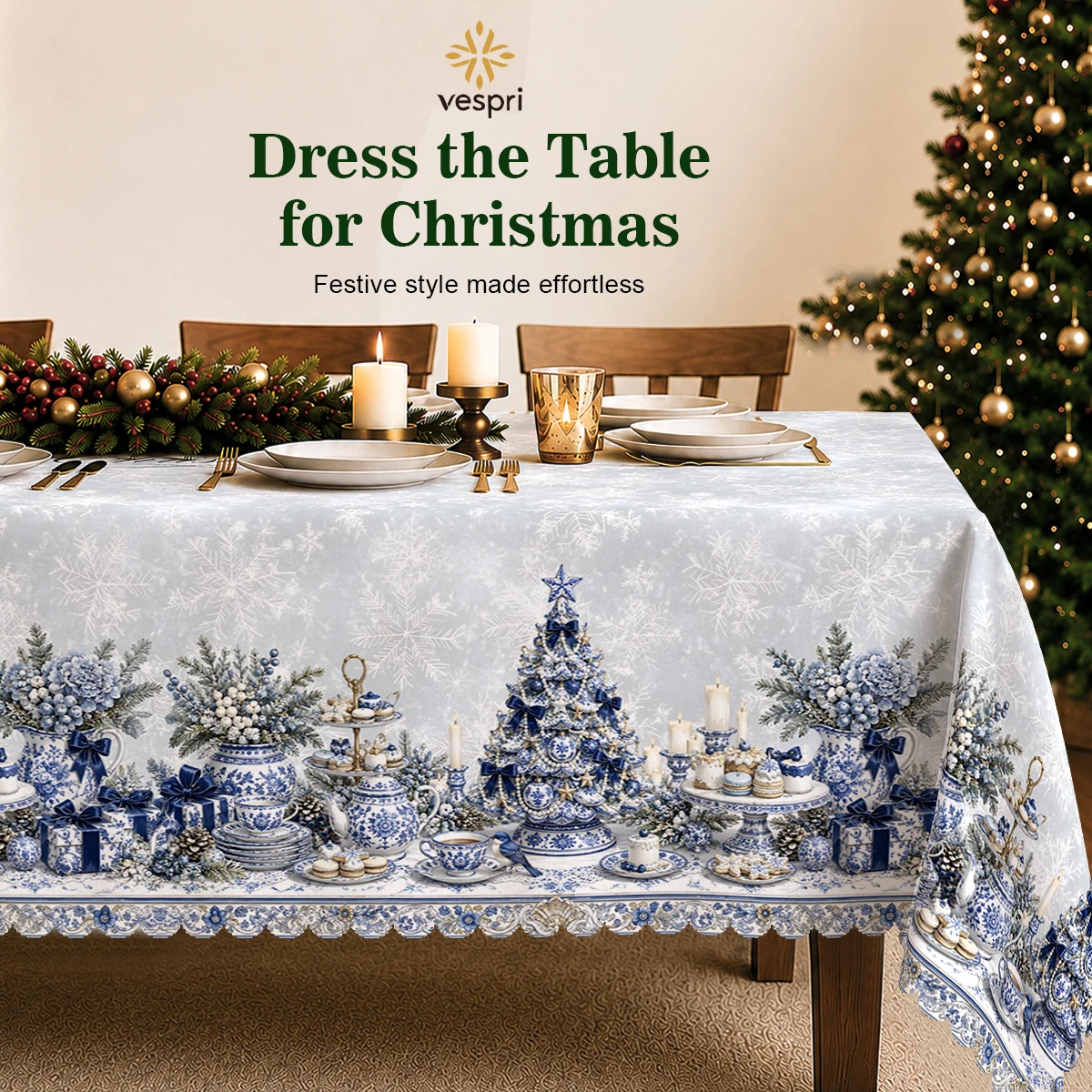 Christmas Tablecloth with Blue Winter Village & Shepherd for Indoor/Outdoor Camping Decor, Rectangular/Round/Oval