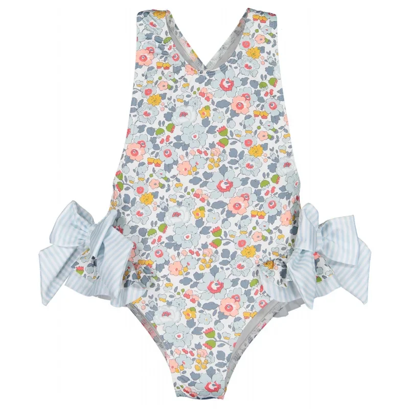 Baby Girls Swimwear Blue/Pink Floral Print Cute Bow One Piece Suspender Swimsuit Fashion Children Beach Clothes E1158