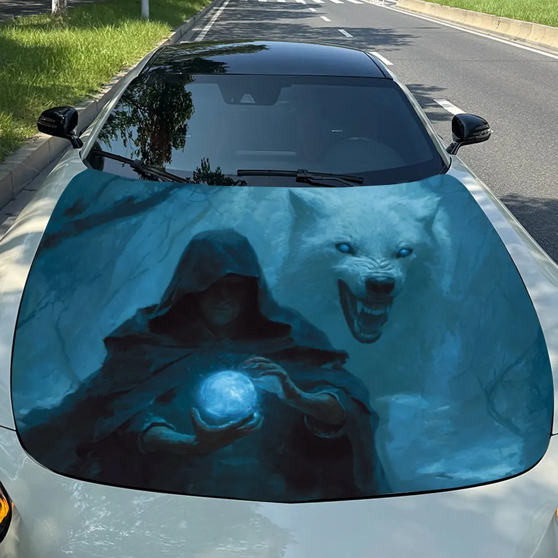 شخصيات غامضة بغطاء للرأس وملصق غطاء محرك السيارة الذئاب، طبقة غطاء حماية شخصية محرك PVC متينة، سهلة التركيب وات #1
