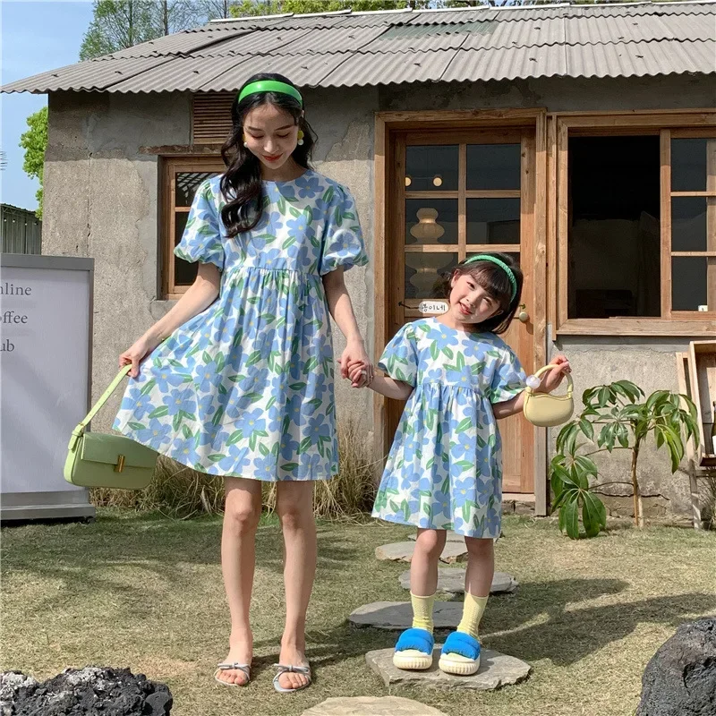 

Mother Daughter Equal Dresses Parent-Child Matching Floral Pattern Dress Women Girl Summer Clothes 2025 Mommy And Me Clothing