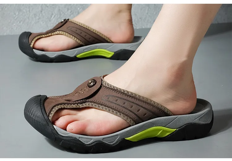 Sommerliche, atmungsaktive Herren-Sandalen aus weichem Echtleder, bequeme Herren-Hausschuhe, flache Herren-Flip-Flops, Outdoor-Römersandalen für den Strand – Detail 13