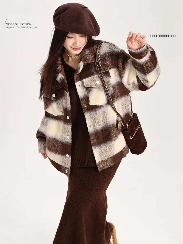 

Зимнее шерстяное пальто Yang Bubble для женщин, свободный крой, в полоску, универсальная верхняя одежда, стильное, для повседневной носки, длинное