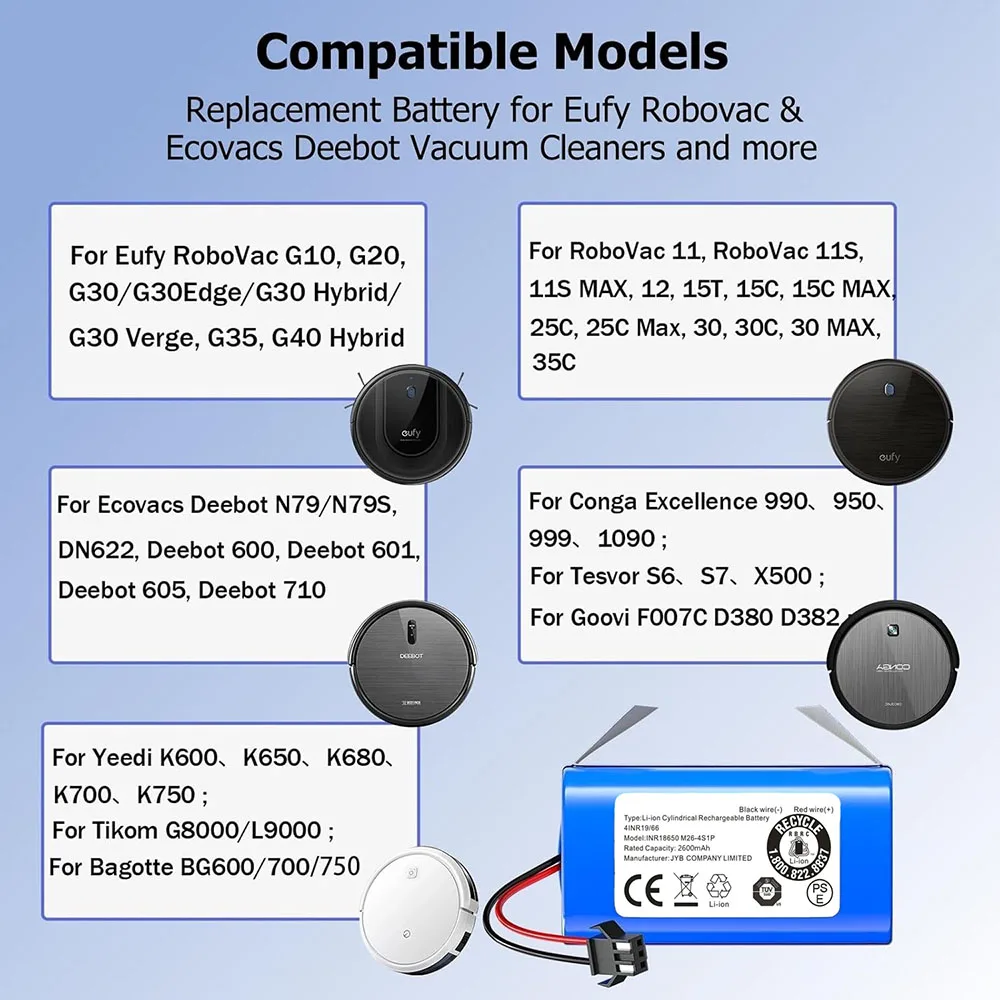 

Replacement Battery for Ecovacs Deebot N79 N79S DN622 600 601 605 710 14.4V 3500mAh Li-ion Pack for Eufy RoboVac 11S 30C